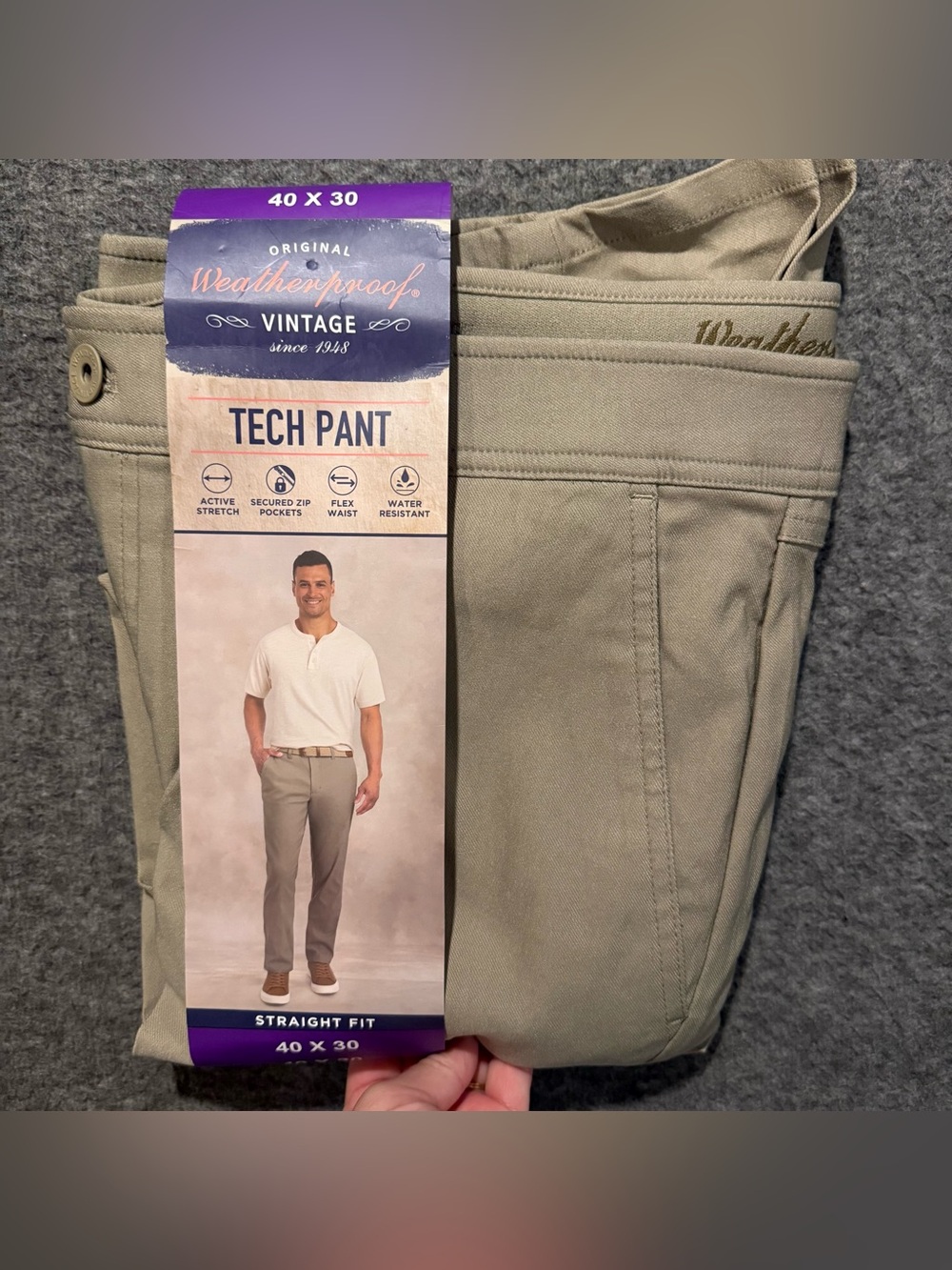 Weatherproof Tech Pants Mens 40x30 tan Straight Fit Flex Stretch Water Resistant